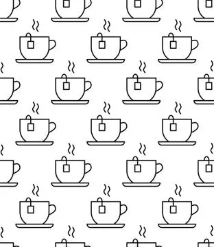 Coffee cup seamless pattern. Sketch tea and coffee cups, hot drinks various m Stock Illustration