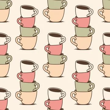 Coffee Cup Seamless Pattern, Vector Illustration. Cartoon Cute Colorful Coffee Stock Illustration