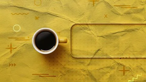 A coffee cup set against a vibrant yellow background adorned with various i.. Stock Illustration