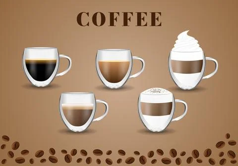 Coffee cup set. Double walled glass mug Stock Illustration
