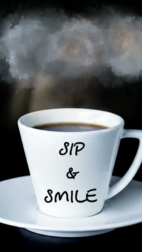 Coffee Cup Sip and Smile With Steam Cloud Sun Rays And Inspirational Greeti.. Stock Footage 337738401