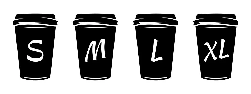 Coffee cup size icon set. S, M, L and XL sizes of coffee cup. Hot drink dis.. Stock Illustration