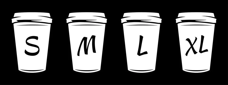 Coffee cup size icon set. S, M, L and XL sizes of coffee cup. Hot drink dis.. Stock Illustration