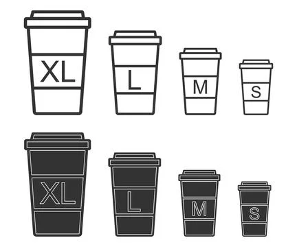 Coffee cup size set. Paper mug symbol. Sign beverage takeaway vector. Stock Illustration