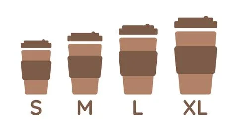 Coffee cup sizes set S M L XL. Different size - small, medium, large and extr Stock Illustration