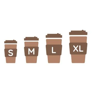 Coffee cup sizes set S M L XL. Different size - small, medium, large and extr Stock Illustration