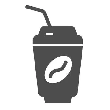 Coffee cup solid icon. Takeaway hot drink mug with cover and beans symbol, glyph Stock Illustration