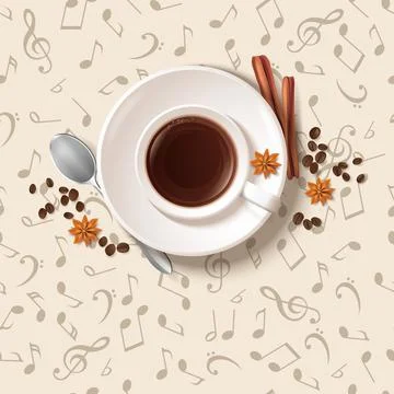 Coffee cup with spices on table. Fresh coffee. Morning . Breakfast. Christm.. Stock Illustration