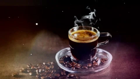 Coffee Cup with Steam and Coffee Beans on Dark Brown Background Vídeo Stock 343698346
