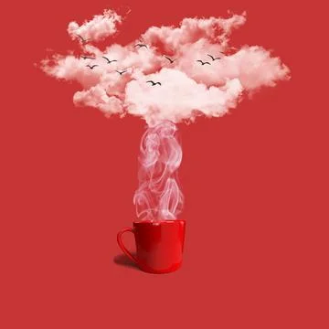 Coffee cup with stream clouds and birds. Flat lay coffee nature concept. Stock Photos
