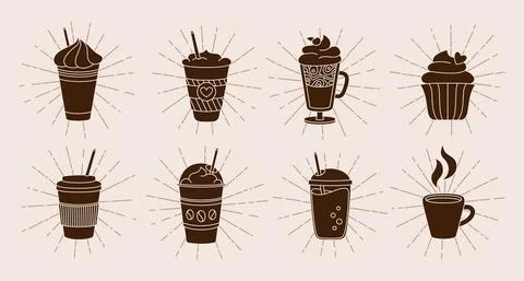Coffee cup sunburst light rays cartoon set vector Stock Illustration