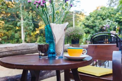 Coffee cup on table in cafe Stock Photos