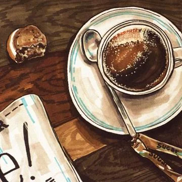 Coffee in the cup on table. Hand drawn watercolor breakfast. Stock Illustration