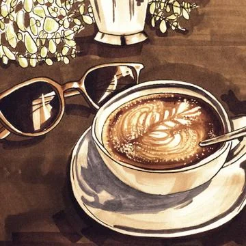 Coffee in the cup on table. Hand drawn watercolor breakfast. Coffee cup with Stock Illustration