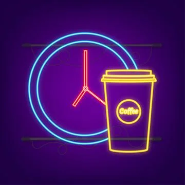 Coffee cup time clock neon icon. Coffee with the watch. Vector stock Illustrazione stock