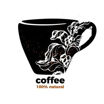 Coffee cup. Vector symbol. Sketch of branch, bean. Realistic nature design. A Stock Illustration