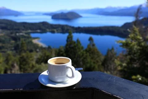 Coffee Cup with View of Nahuel Huapi Lake in Bariloche, Patagonia, Argentina Stock Photos