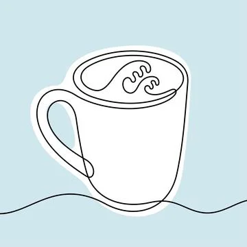 Coffee cup with waves one line vector illustration Stock Illustration