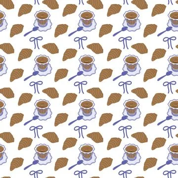 Coffee cup with wavy edges and Croissant Seamless pattern Mediterranean Slow Stock Illustration