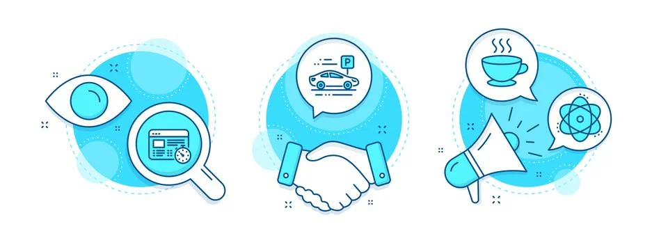 Coffee cup, Web timer and Atom icons set. Car parking sign. Hot drink, Online 스톡 일러스트