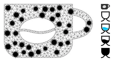 Coffee Cup Wireframe Mesh Icon with Virus Elements Illustrazione stock