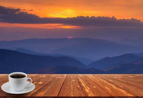 Coffee cup on wood table and view of beautiful nature background Stock Illustration