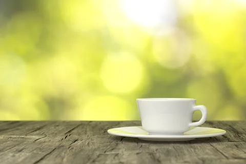Coffee cup on wooden floor. 3D rendering. Stock Illustration