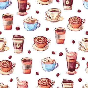 Coffee Cups and Beans Seamless Pattern Beverage Stock Illustration