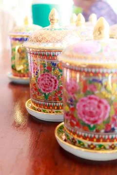 Coffee cups with antique thai pattern Stock Photos