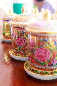 Coffee cups with antique thai pattern Stock Photos