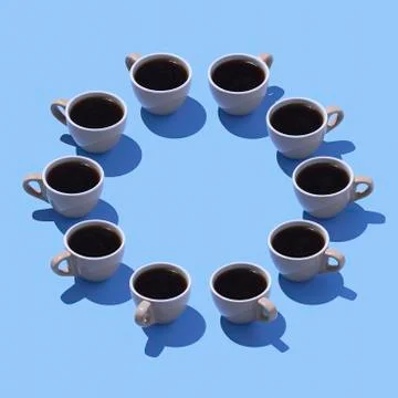Coffee cups building circle on light blue ground, 3D Rendering Ilustración de archivo
