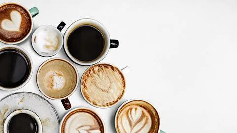 Coffee cups computer wallpaper, flat lay white background Stock Photos