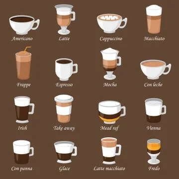 Coffee cups different cafe drinks types espresso mug with foam beverage Stock Illustration