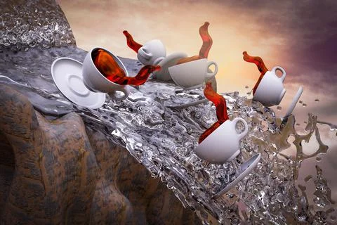 Coffee cups fall from a waterfall at sunset magenta day demonstrating Good mo Stock Illustration