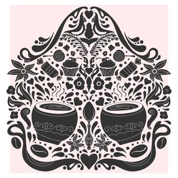 Coffee cups. Folk-style pattern, symmetrical, detailed vector element. Rustic Stock Illustration
