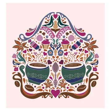 Coffee cups. Folk-style pattern, symmetrical, detailed vector element. Rustic Illustrazione stock