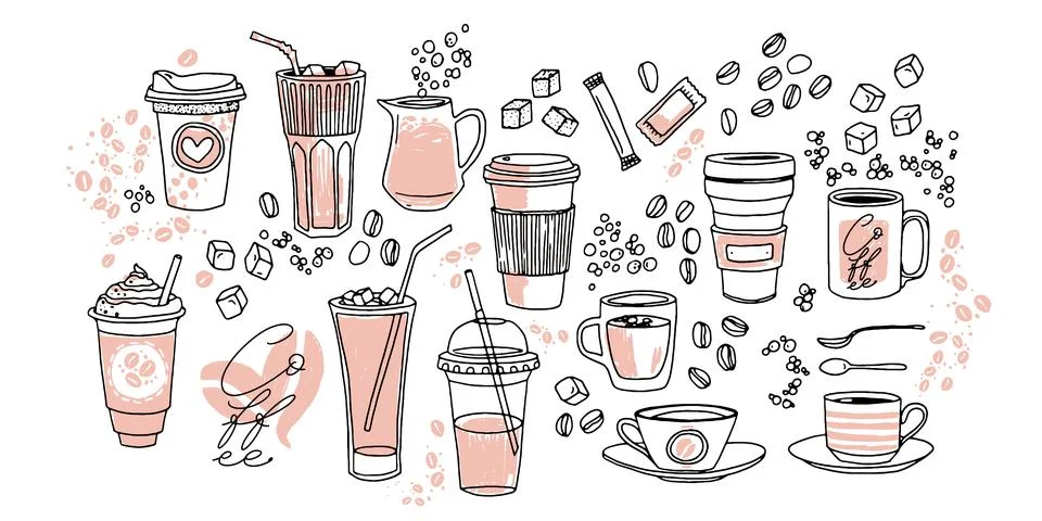 Coffee cups hand drawn vector illustration set. Various cups sketch style dra Stock Illustration