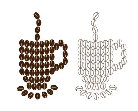 Coffee Cups Made of Coffee Beans Stylized mugs with saucer and steam Set of 2 イラスト素材