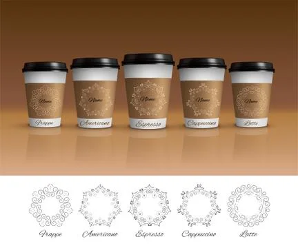 Coffee cups mock up. Set of vector brown coffee cups with different patterns Stock Illustration
