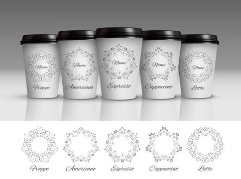 Coffee cups mock up. Set of vector white coffee cups with different patterns Stock Illustration