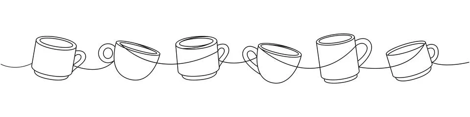 Coffee cups one line continuous drawing. Hand drawn elements for coffee shop Stockillustratie