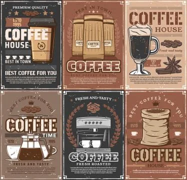 Coffee cups, pot, espresso machine, roasted beans Ilustración de archivo