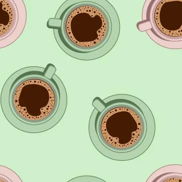 Coffee cups seamless vector pattern. Morning cafe or restaurant breakfast. Ve Stock Illustration