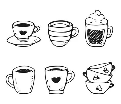 Coffee Cups Set of 6 Hand Drawn Doodle Collection Stock Illustration
