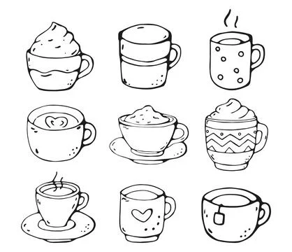 Coffee Cups Set of 9 Hand Drawn Doodle Icons Stock Illustration