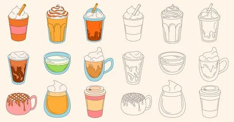 Coffee cups set in doodle style. Various cups line art style drawn collection Stock Illustration