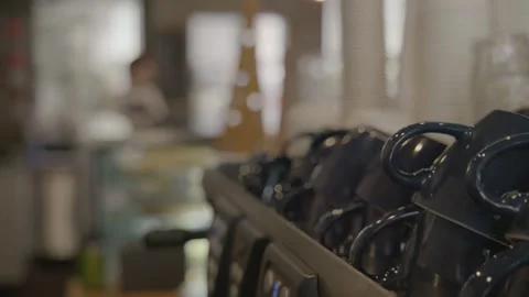 Coffee Cups Stacked on Espresso Machine in Sydney Cafe Interior, Newtown Stock Footage 345669369