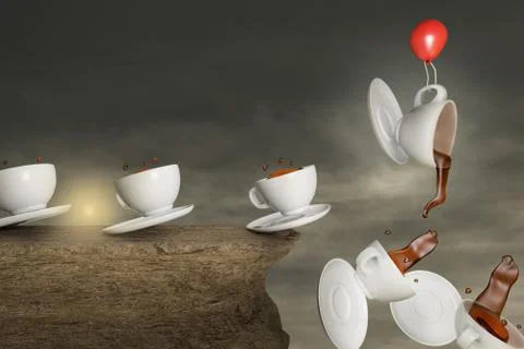 Coffee cups on a stone cliff with a red balloon help to escape Stock Illustration