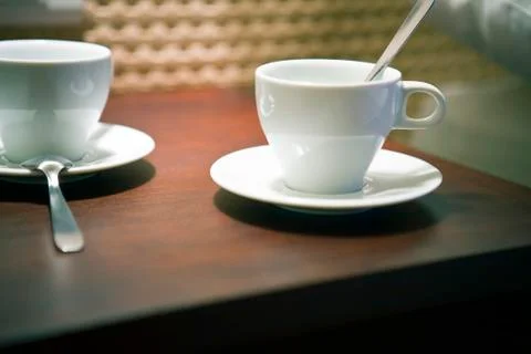 Coffee cups on table 스톡 사진