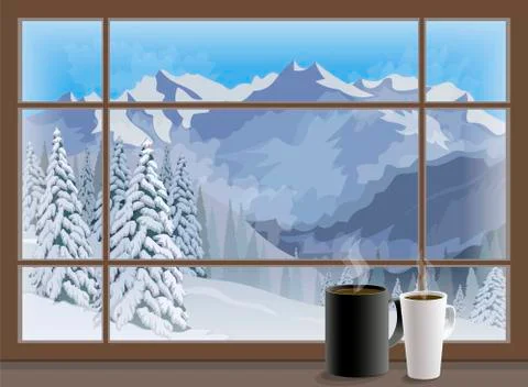 Coffee cups on a window sill. winter mountain landscape. Vector イラスト素材